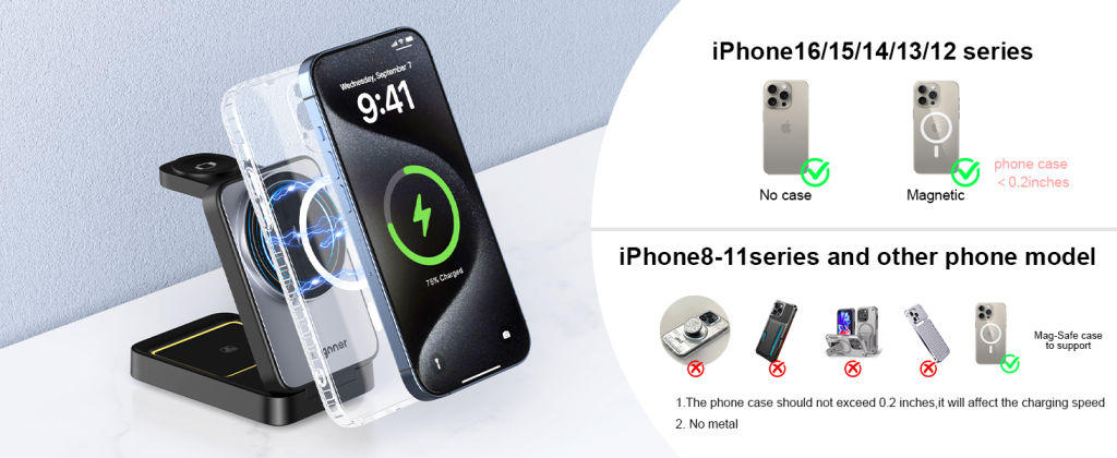 iPhone Wireless Chargers 15W Magnetic Folding Desktop Wireless Charger,Compatible with Mobile Phone Smart Watch Earphone Apple Watch Airpods IPhone 12 13 14 15 Pro Max Plus