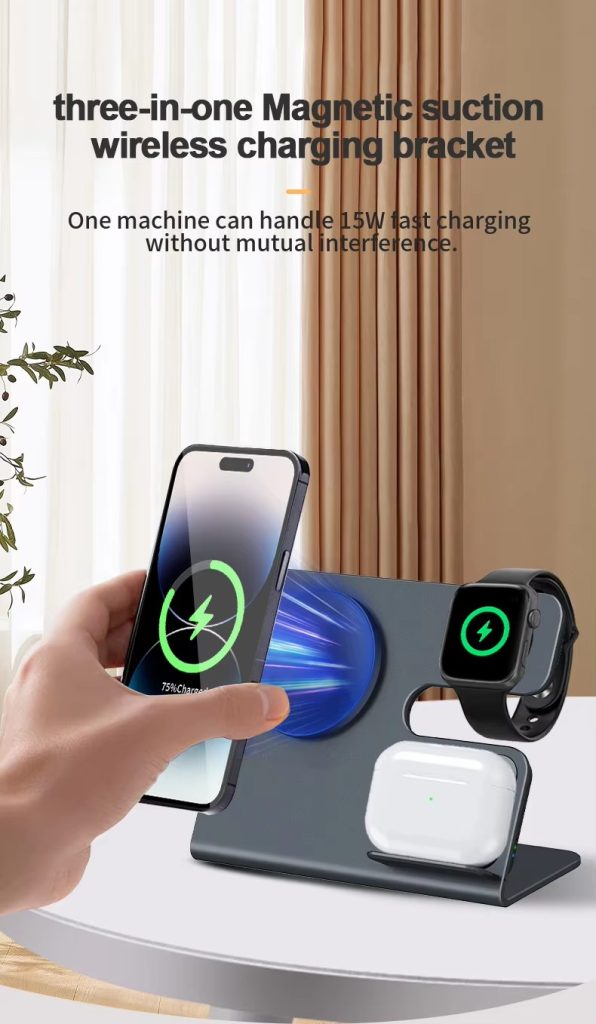 Беспроводное зарядное устройство Wireless Charger iPhone Charging Station: 3 in 1 Charger Stand Multiple Devices for Apple - iPhone 16 15 14 Pro Max 13 12 11 - Watch 10 9 8 7 6 5 4 3 2 SE and Ultra Series - Airpods 4 3 2 Pro