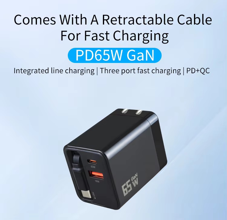 GaN 65W PD Fast USB C Charger 65W GaN Phone Charger Adapter Built-in Retractable Cable PD 40W 27W Fast Charging for iPhone Samsung iPad Laptop
