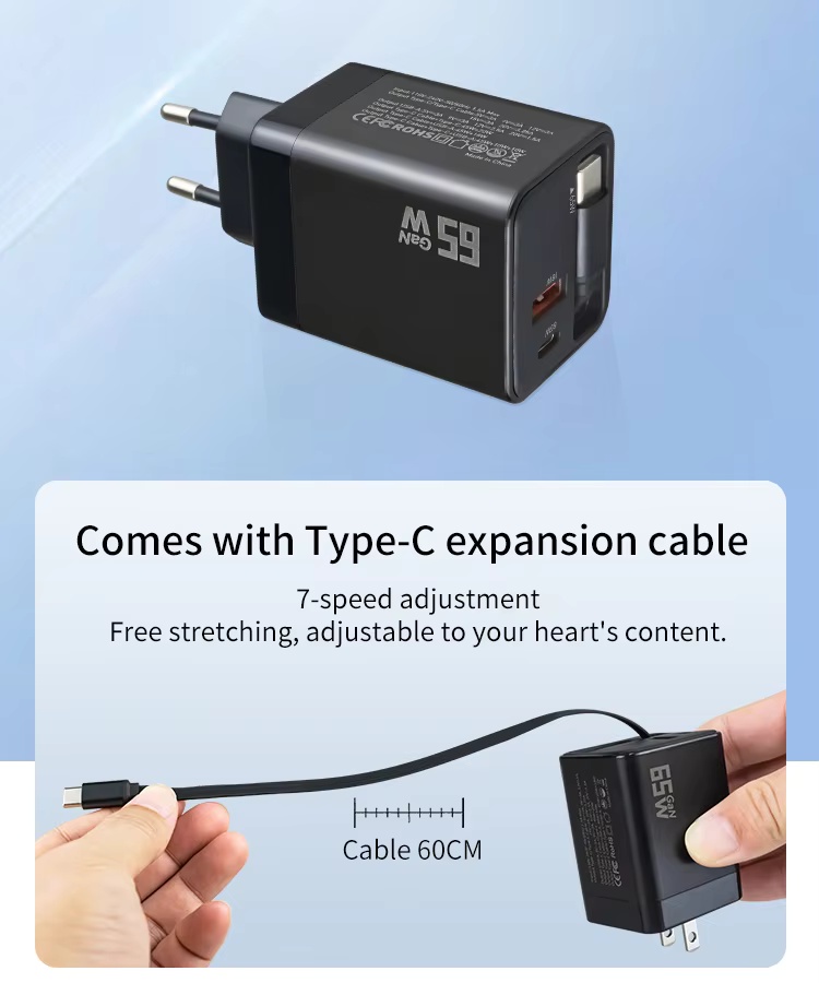 65W GaN Phone Charger Adapter Built-in Retractable Cable PD 40W 27W Fast Charging for iPhone Samsung iPad Laptop