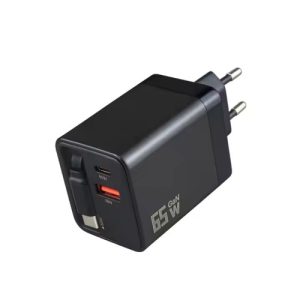 Retractable Wall Charger GaN 65W PD Fast USB C Charger with Retractable Type-C Cable for Mobile Phone Laptop Tablet