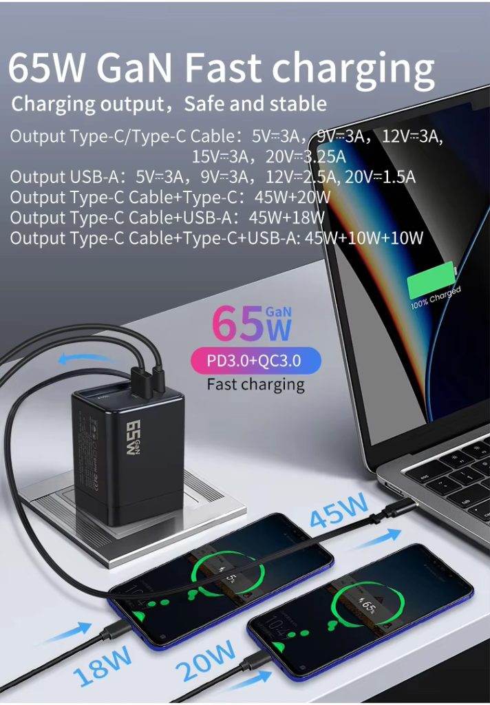 65W Wall Charger fast PD charger Adapter Block with USB A USB C Dual Ports Retractable Type-C Cable 65W GAN Chargers