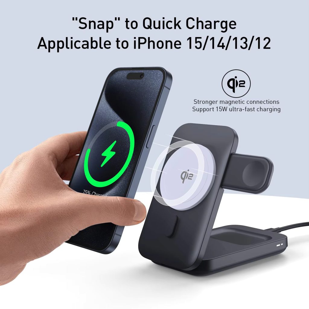 15W Qi2 Wireless Charger Foldable 3 in 1 iPhone Charging Station Magnetic Charger Stand for IPhone/iWatch/AirPods 15W Qi2 Wireless Charger Station
