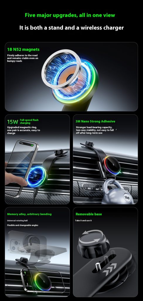 15W RGB light Car Mount Charger,IPhone Magnetic Wireless Car Charger for iPhone 16 Pro Max Accessories