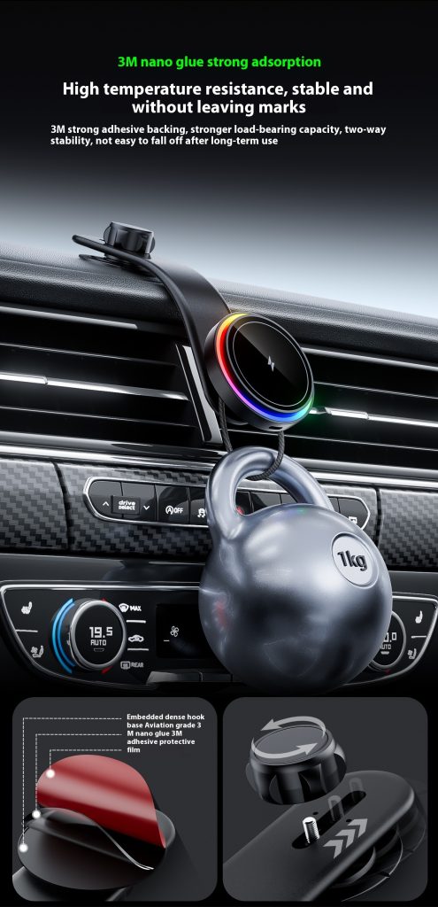 15W Magnetic Car Wireless Charger Strong Magnet Phone Holder Fast Charging RGB Light Magnetic Adapter
