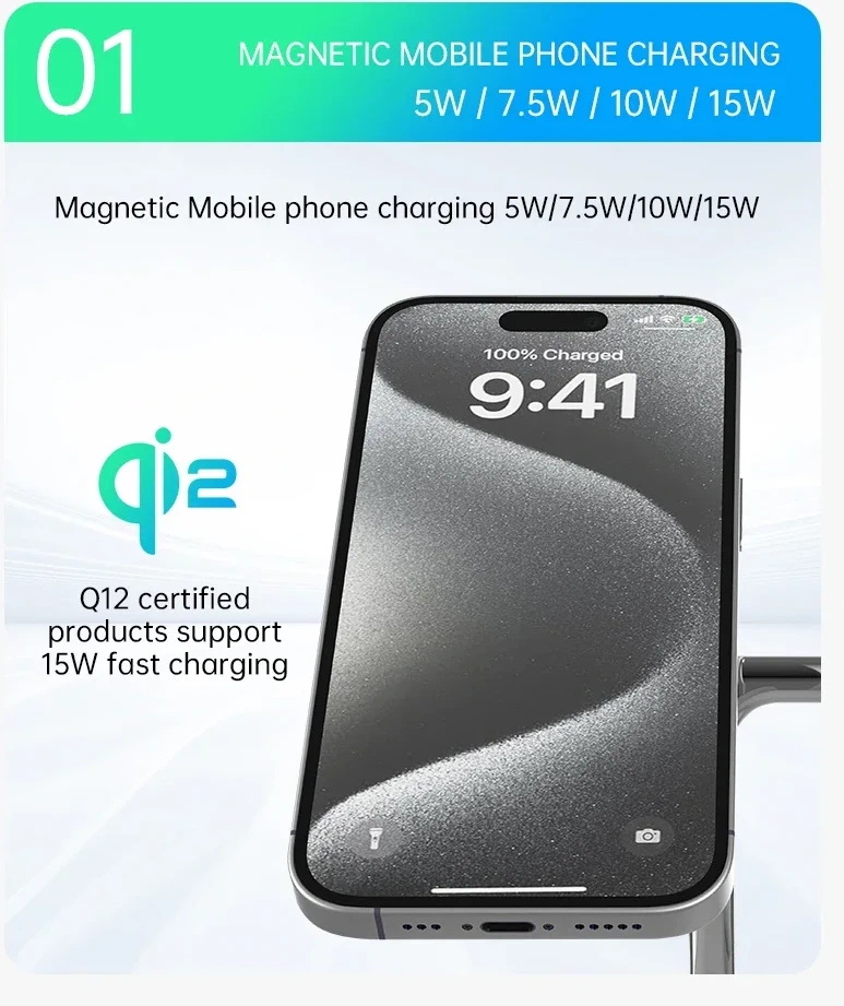 Qi2 Certified 15W 3-in-1 Magnetic Wireless Charger for iPhone 12-16 Series