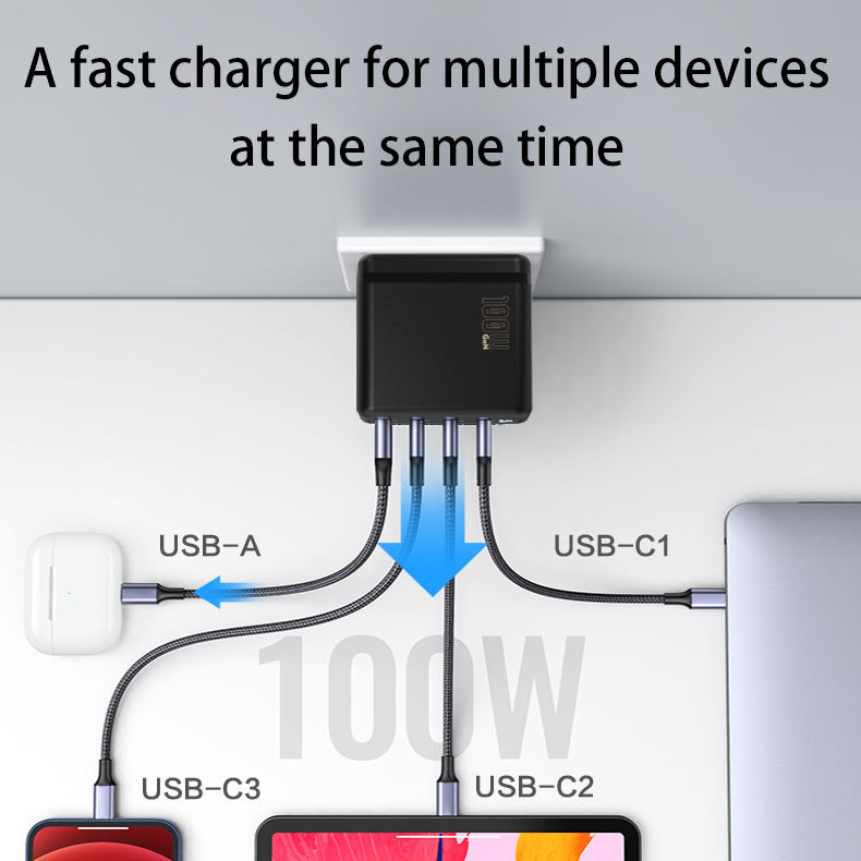 GaN Technology 100W Fast Charging Multi-Port Travel PD Type C Charger for Laptop Notebook