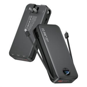 Portable 15000mAh power bank with built-in AC plug and 22.5W fast charging