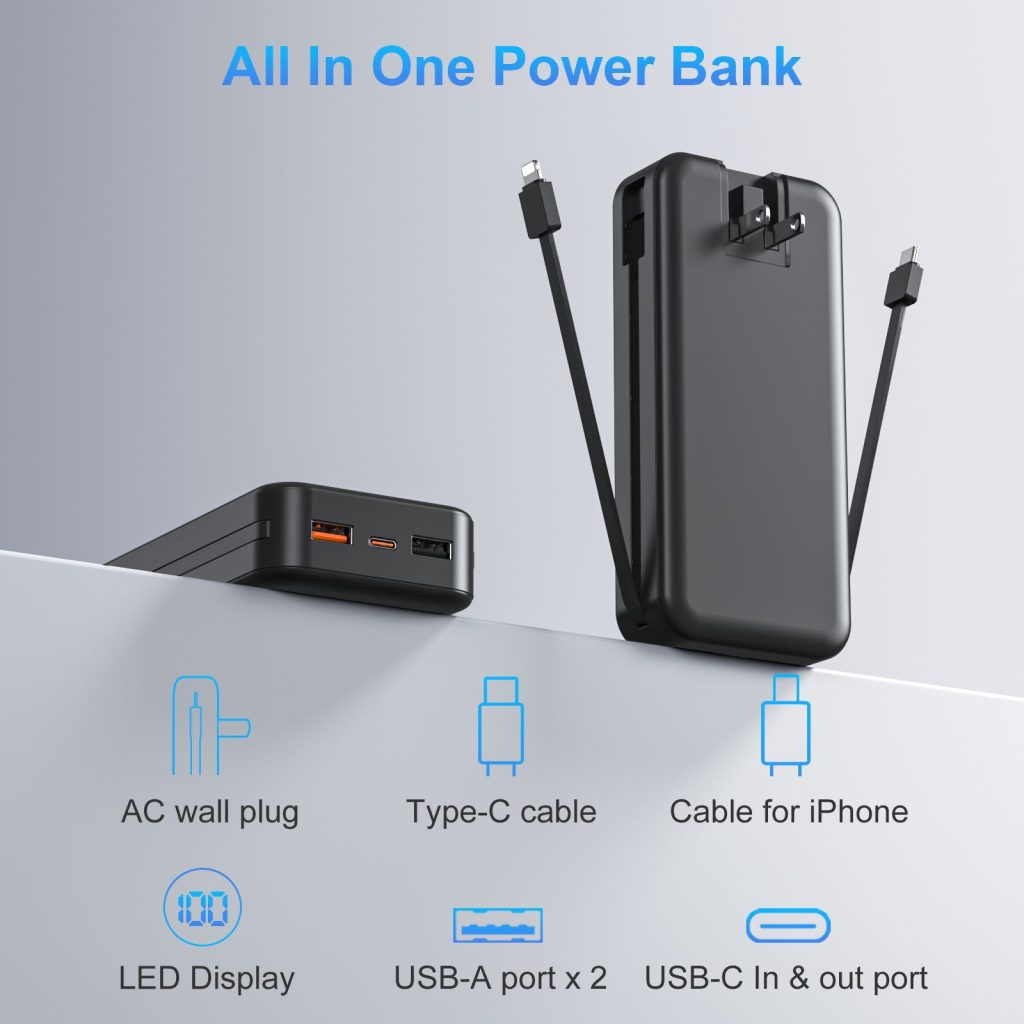 10000mAh Portable Power bank With AC Plug Type C Usb Cable Charger PD 20w 22.5w Battery Digital Display Power Bank For Android For Iphone
