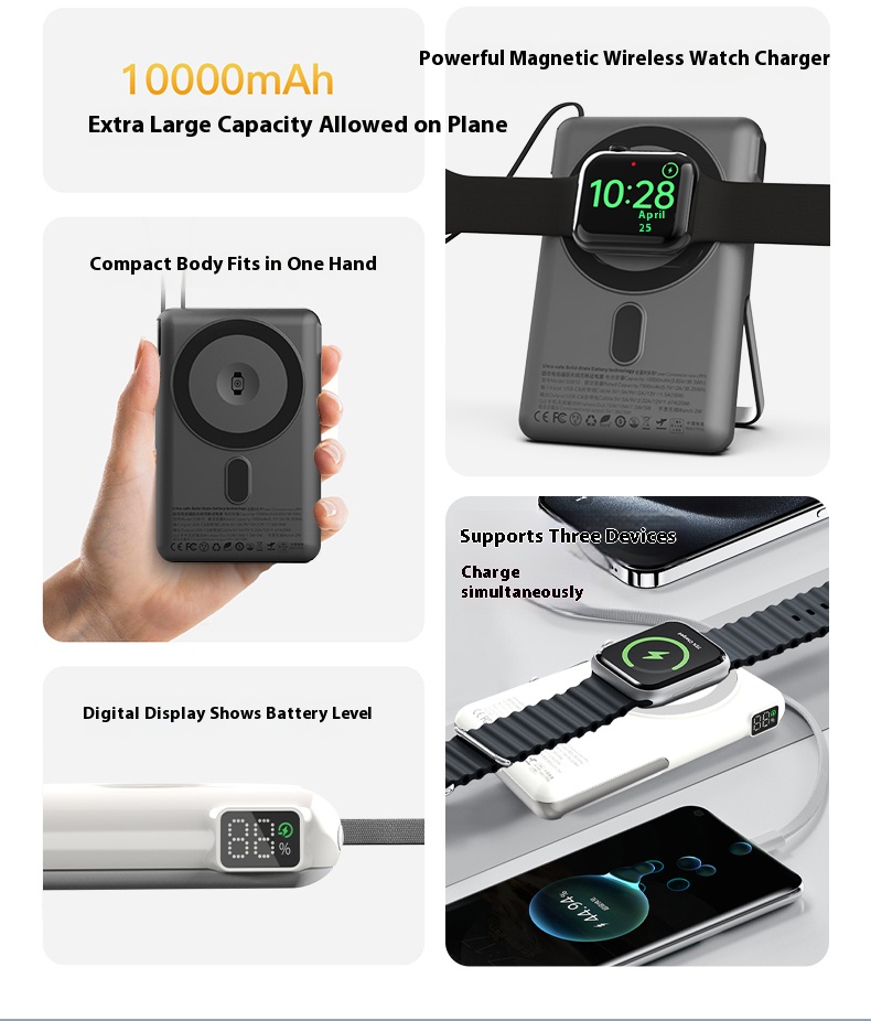 10,000mah Solid-state Batteries Qi2 Magnetic Power Banks with Build-in Cable and Stand
