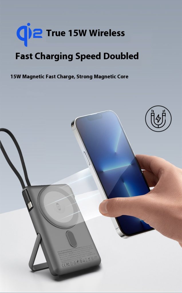 10,000mah Solid-state Batteries Qi2 Magnetic Power Banks with Build-in Cable and Stand