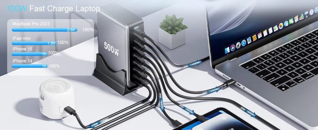 USB C Charger 500W Fast GAN Charging Block 8 Port Charging Station Hub Brick PD 100W Laptop Charger,for iPhone 16 Charger