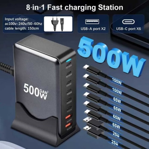 500W PD Charger (4) 500W USB C Fast Charger Block, Multi-port USB Charging Station, GaN Ⅲ Double 100W PD PPS Port Fast Charging Station for Multiple Devices,Laptop Wall Charger Compatible with MacBook, iPhone 17,iPad etc
