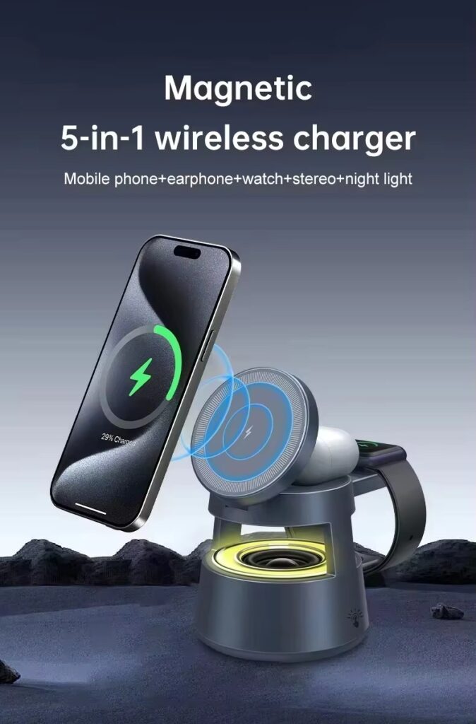 Multifunctional 5 in 1 Foldable Wireless Fast Charger Stand With BT Speaker Night Light for Phone Watch AirPods